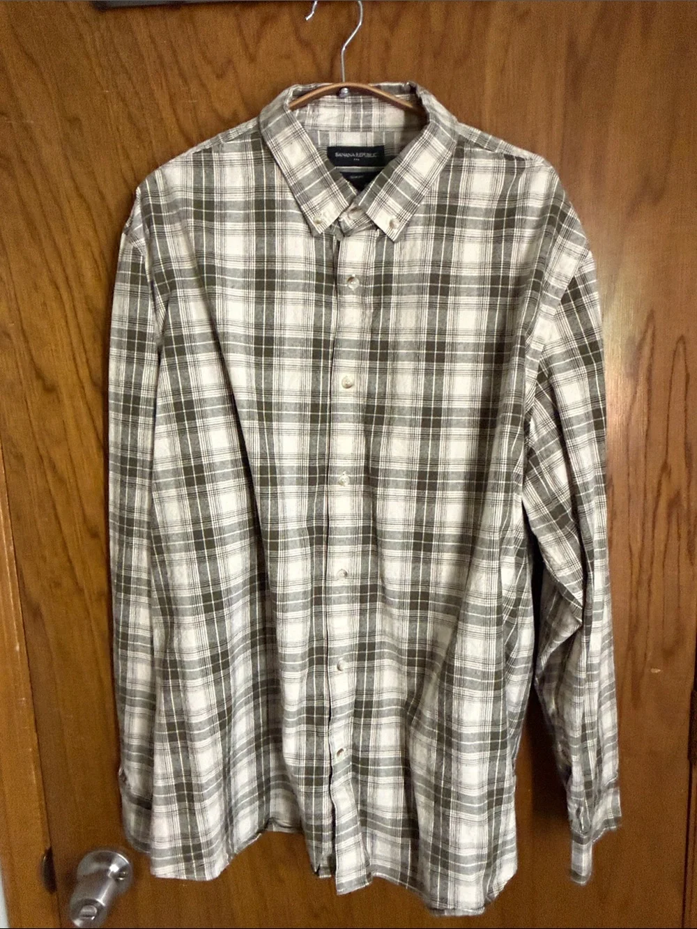 Banana Republic Men's Plaid Button-Down Shirt - Olive & White (Slim Fit)